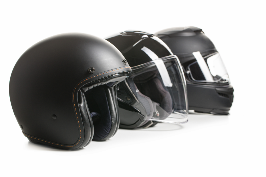 A row of motorcycle helmets